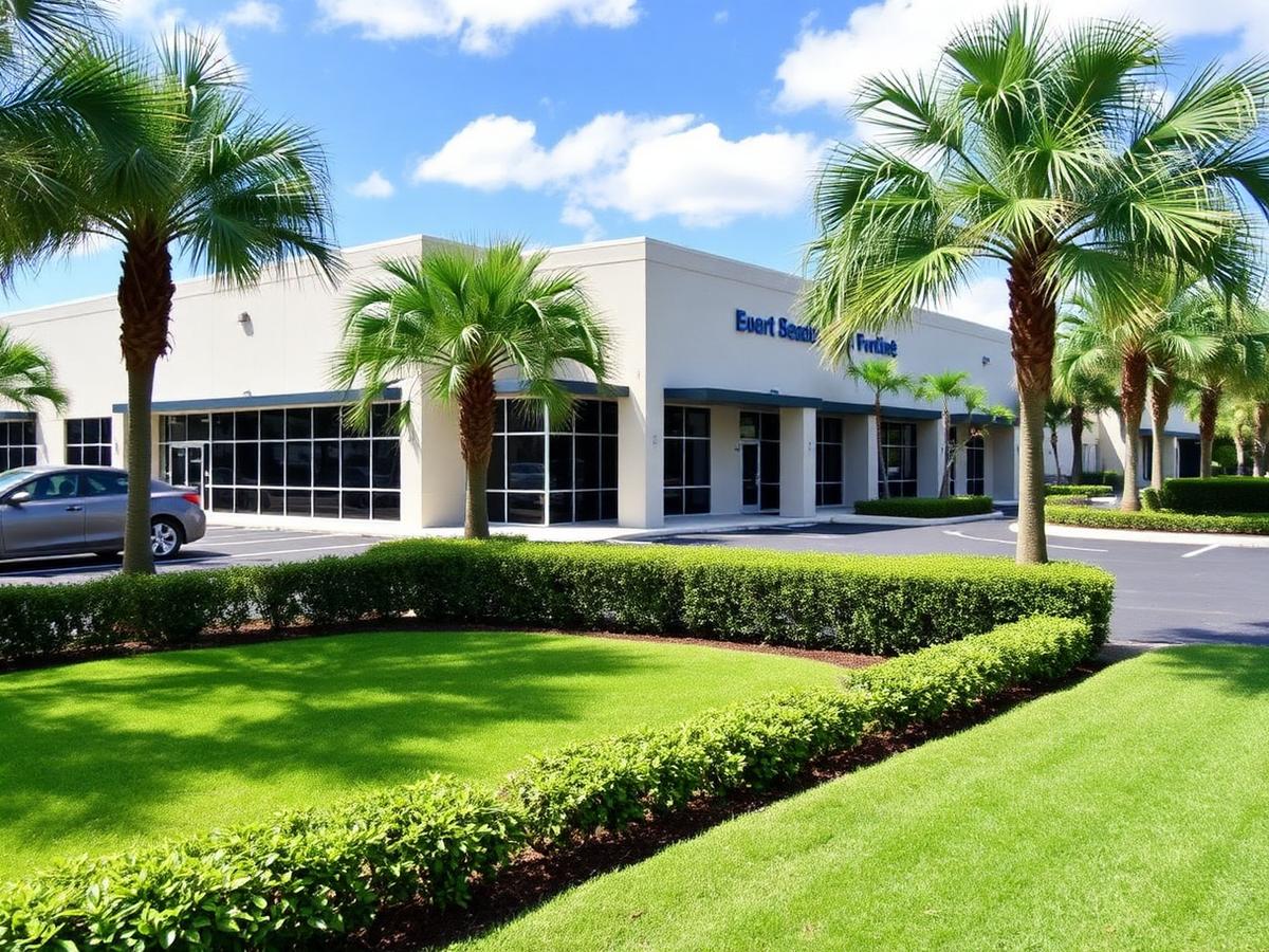 Commercial office property with trimmed hedges, palms, and a clean lawn