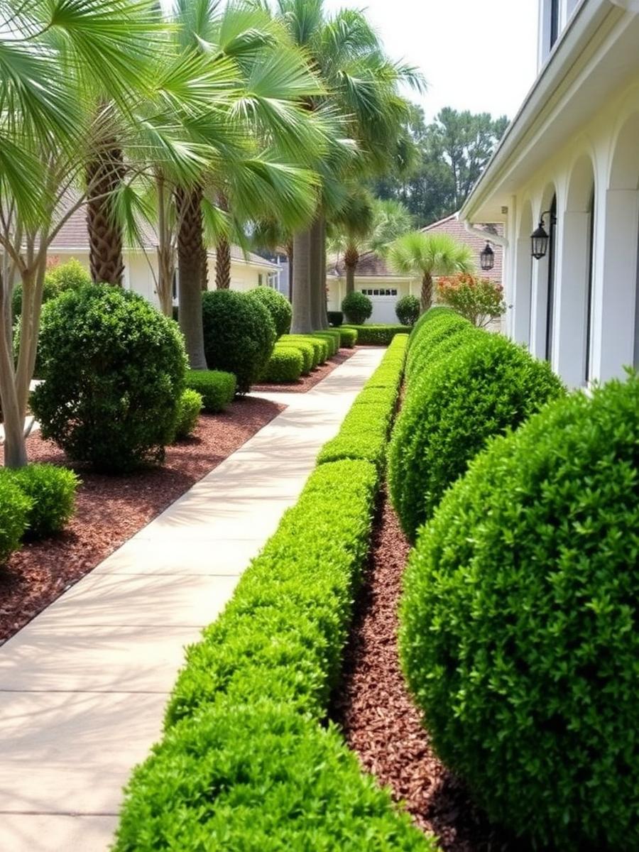 Neatly trimmed hedges lining a walkway at a Florida property