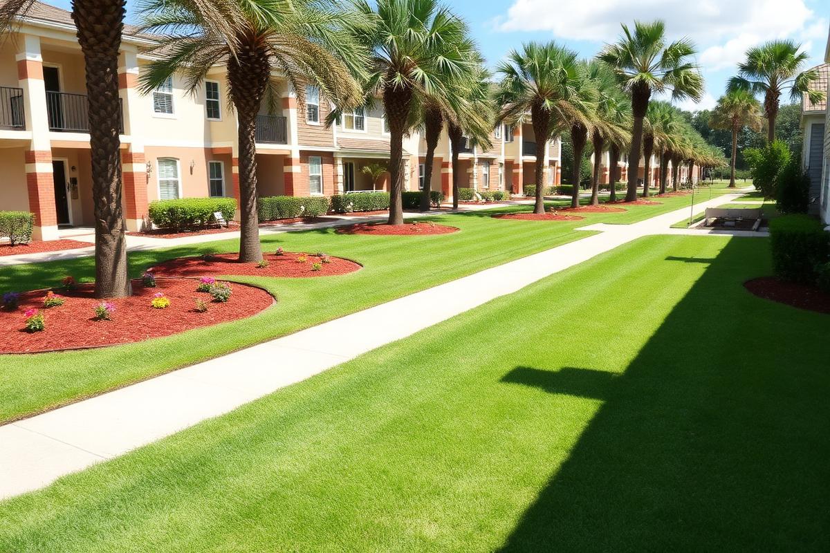 HOA community common area with mowed lawn, flower beds, and palm-lined sidewalk