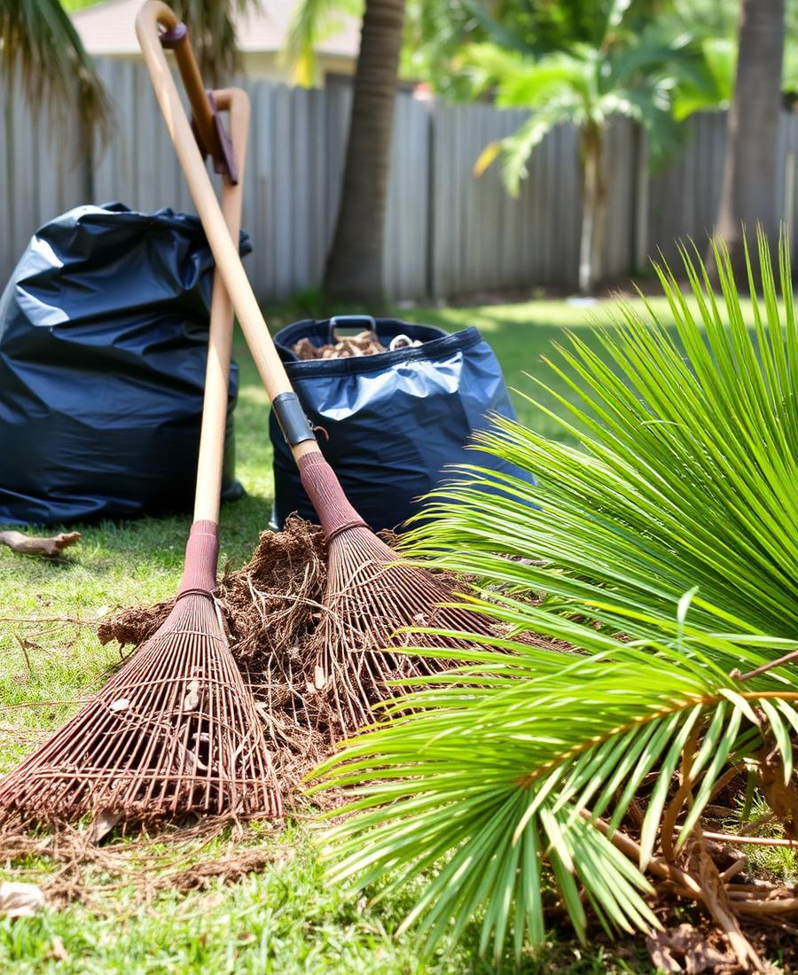 Yard cleanup in progress with raked debris and bagged palm fronds