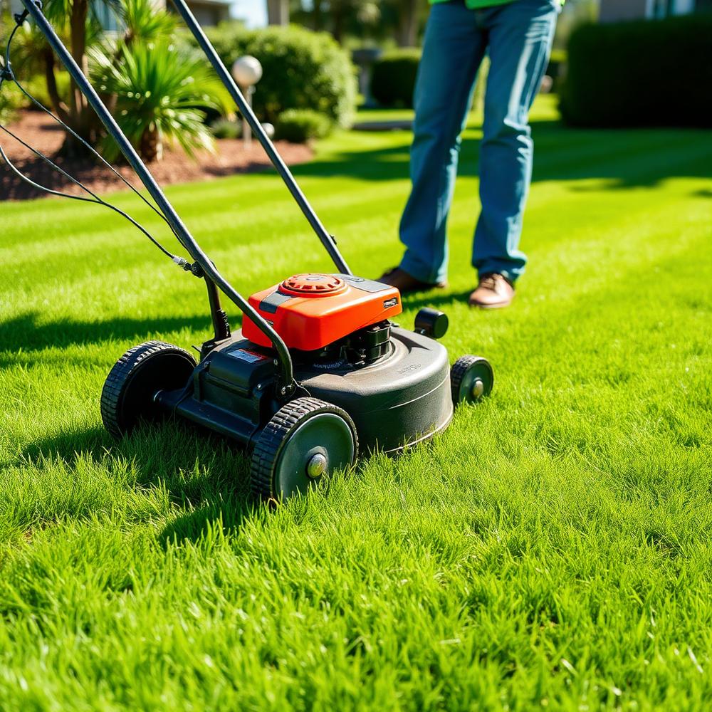 Mower cutting a bright green Florida lawn during a lawn care visit