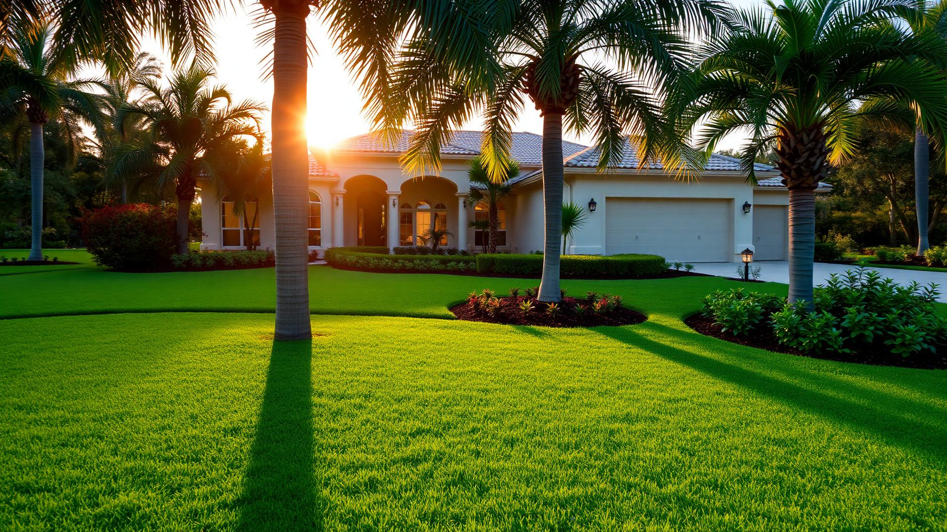 Manicured lawn and palm trees at a South Florida home maintained by Williams Landscaper Inc