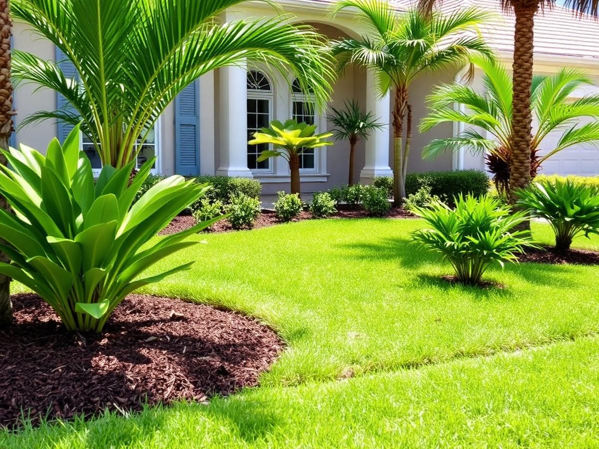 Residential landscaping with tropical plants and fresh mulch beds at a South Florida home