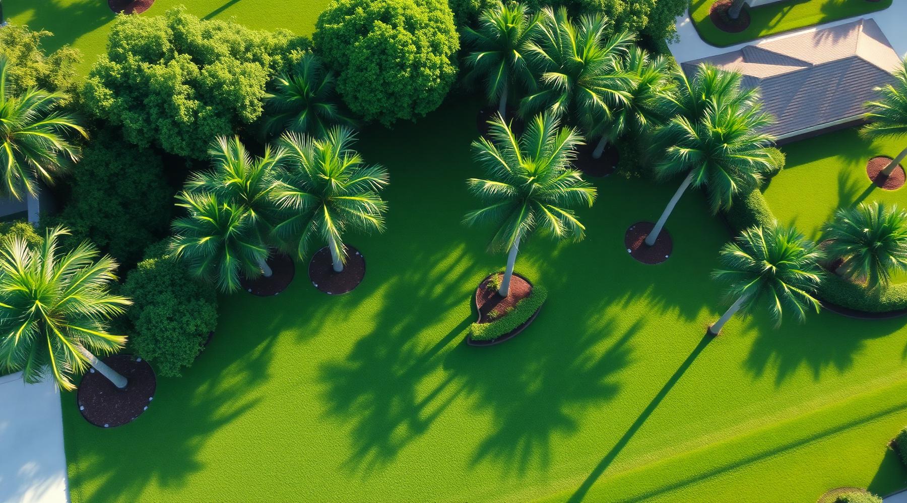 Aerial view of a lush maintained South Florida property with palms and clean edging